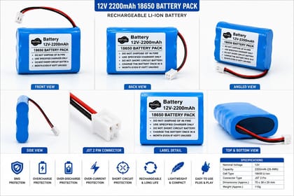 NOVEL 12V 2200mAh 18650 Lithium-Ion Rechargeable Battery Pack | Suitable for DIY Electronics, Robotics Applications, Backup Systems and Portable Equipment