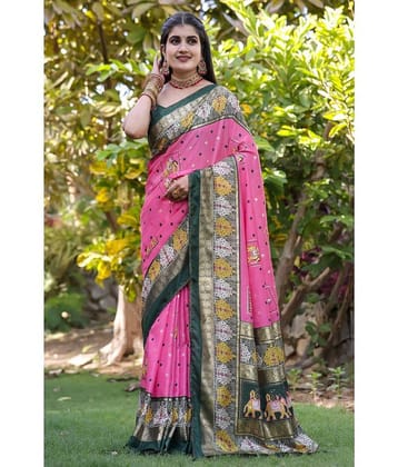 Kanooda Prints Silk Printed Saree With Unstitched Blouse Piece ( Pink )