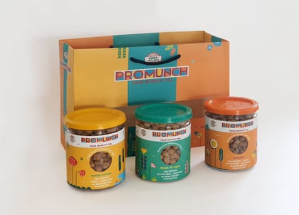 PROMUNCH Gift Pack ( Pack of 3, Flavour: Cheese & Onion, Peri-Peri and Noodle Masala - 150G Each) PROMUNCH Gift Pack ( Pack of 3, Flavour: Cheese & Onion, Peri-Peri and Noodle Masala - 150G Each)
