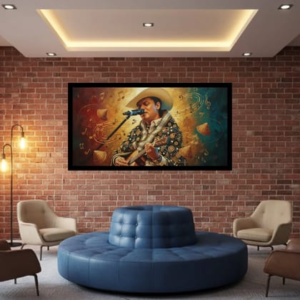 Luminary Fiesta Strings – Zubeen Garg Western Fusion Museum-Quality Cotton Canvas Art for Lounge Décor | Frame Size (127 X 69 Cm) | Frame Type (Black) | 5-Year Warranty