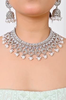 Silver Stone White Pearl Kundan Necklace with Jhumka Earrings & Maang Tikka-20cm / White / Premium silver/rhodium plating on durable brass base with 3-month warranty protection