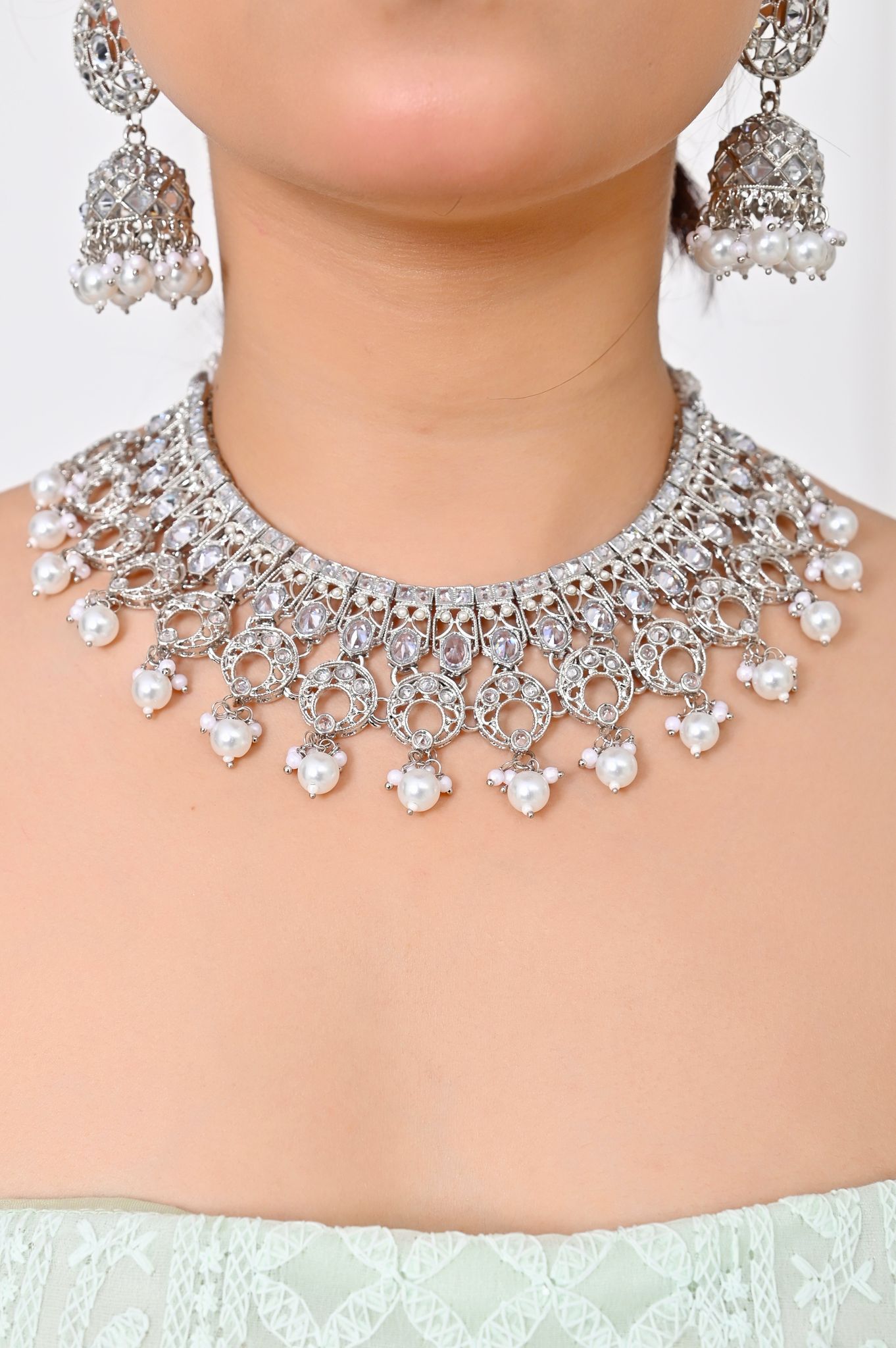 Silver Stone White Pearl Kundan Necklace with Jhumka Earrings & Maang Tikka-20cm / White / Premium silver/rhodium plating on durable brass base with 3-month warranty protection