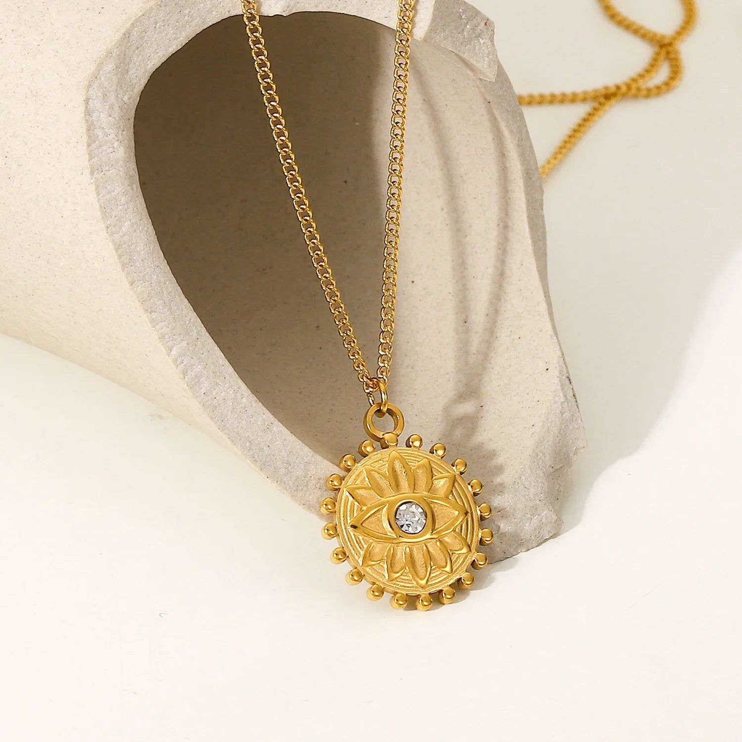 Aimgal Fine Jewelry Stainless Steel 18K gold plating tarnish free Zircon SUN Devil's Eye pendant necklace