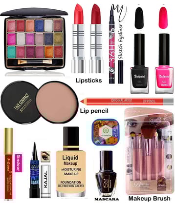 F Zone Makeup Kit ( Eyeshadow,Kajal,Lipstick,Nail polish,Liner,Mascara,Foundation etc )