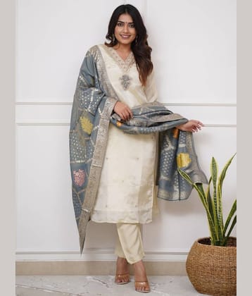 Niza Fashion Viscose Embroidered Kurti With Pants Women's Stitched Salwar Suit - Cream ( Pack of 1 )