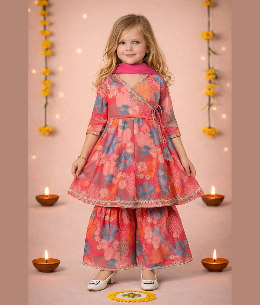 Arshia Fashions Girls Cotton Blend Kurti with Sharara ( Pack of 1 , Pink )