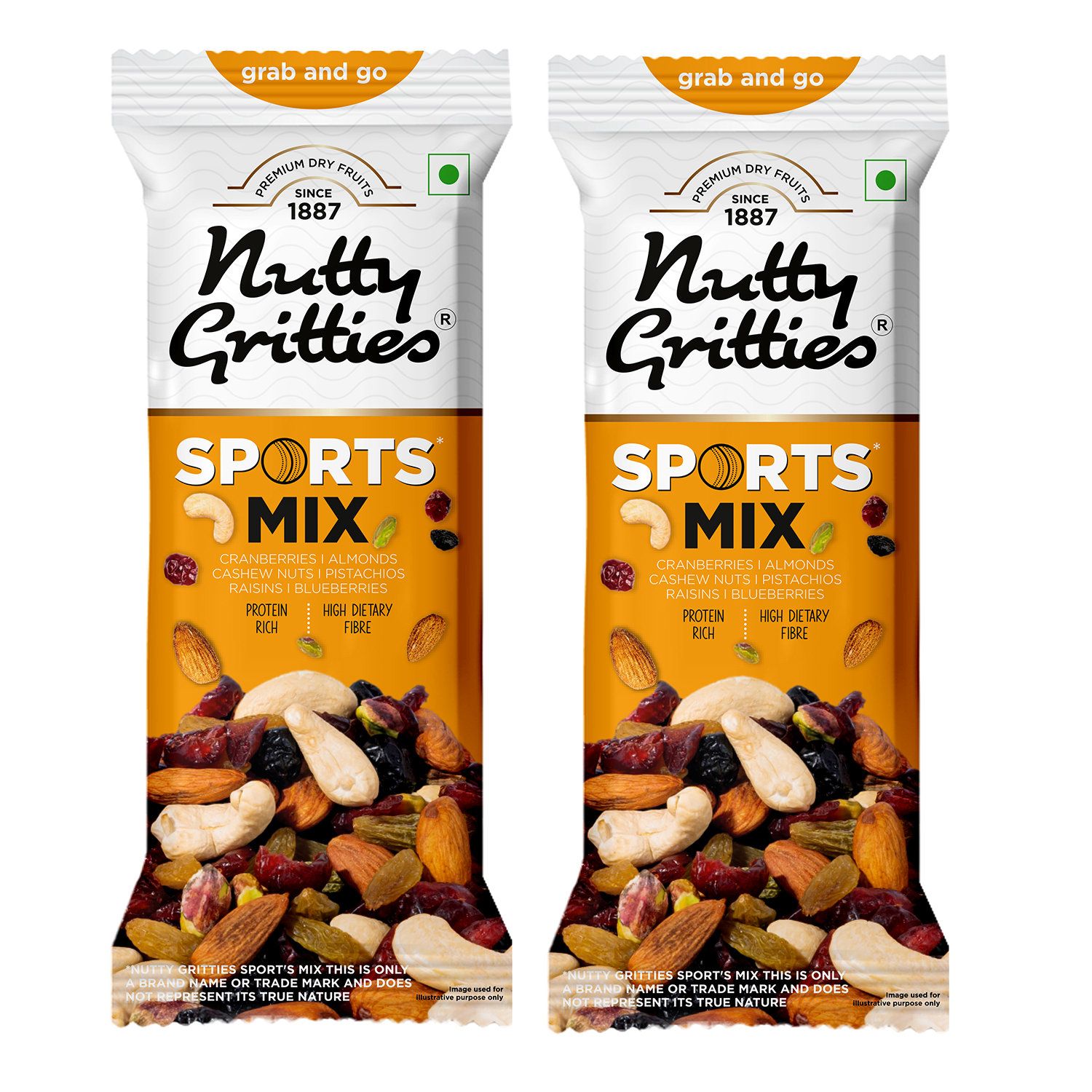Nutty Gritties Grab And Go Sports Mix - Roasted Almonds, Cashews, Pistachios, Dried Blueberries, Cranberries and Raisins, 40 gm - Pack of 2