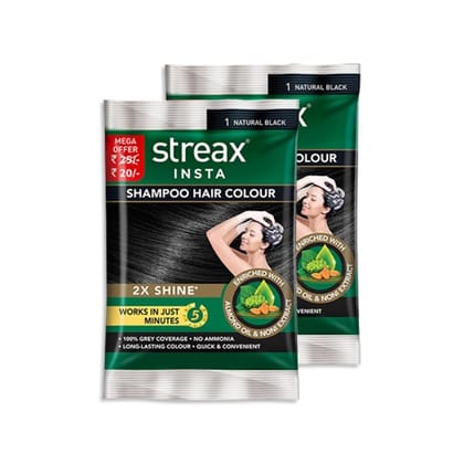 Streax Insta Shampoo Hair Colour For Unisex, Enriched With Almond Oil & Noni Extracts, Long-Lasting Instant Colour - Natural Black, 18ml (Pack Of 24) Streax Insta Shampoo Hair Colour For Unisex, Enriched With Almond Oil & Noni Extracts, Long-Lasting Instant Colour - Natural Black, 18ml (Pack Of 24)