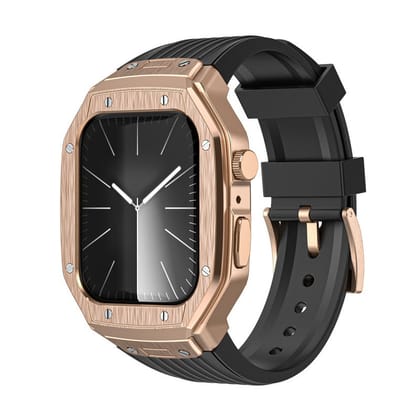 Luxury Modification Metal Case By iSerieshub Compatible For Apple Watch-44 - 45MM / Rose Gold Black