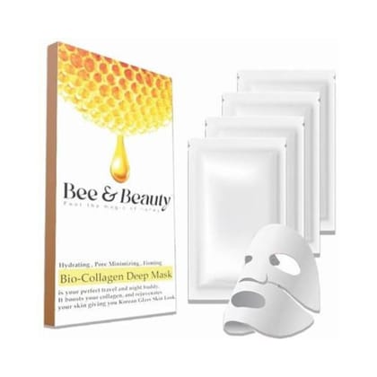 Bee & Beauty Bio Collagen Overnight Mask Pack of 4 | Korean Face Mask For Glass Skin | Sheet Mask For Deep Hydration, Pore minizmizing With Goodness Of Honey Bee & Beauty Bio Collagen Overnight Mask Pack of 4 | Korean Face Mask For Glass Skin | Sheet Mas