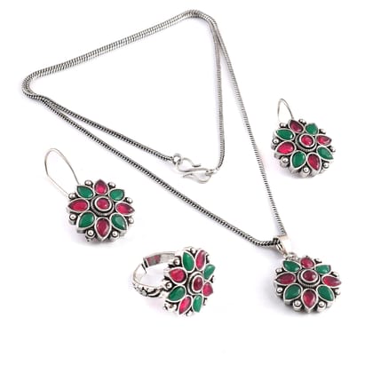 Ivy & Blossom Oxidized Pendant Set | Sarichka-Red Green