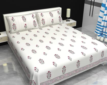 Cotton hand block printed king size bedsheet with pillow covers ( 100 x 108 inches) - Pink Grey Plant