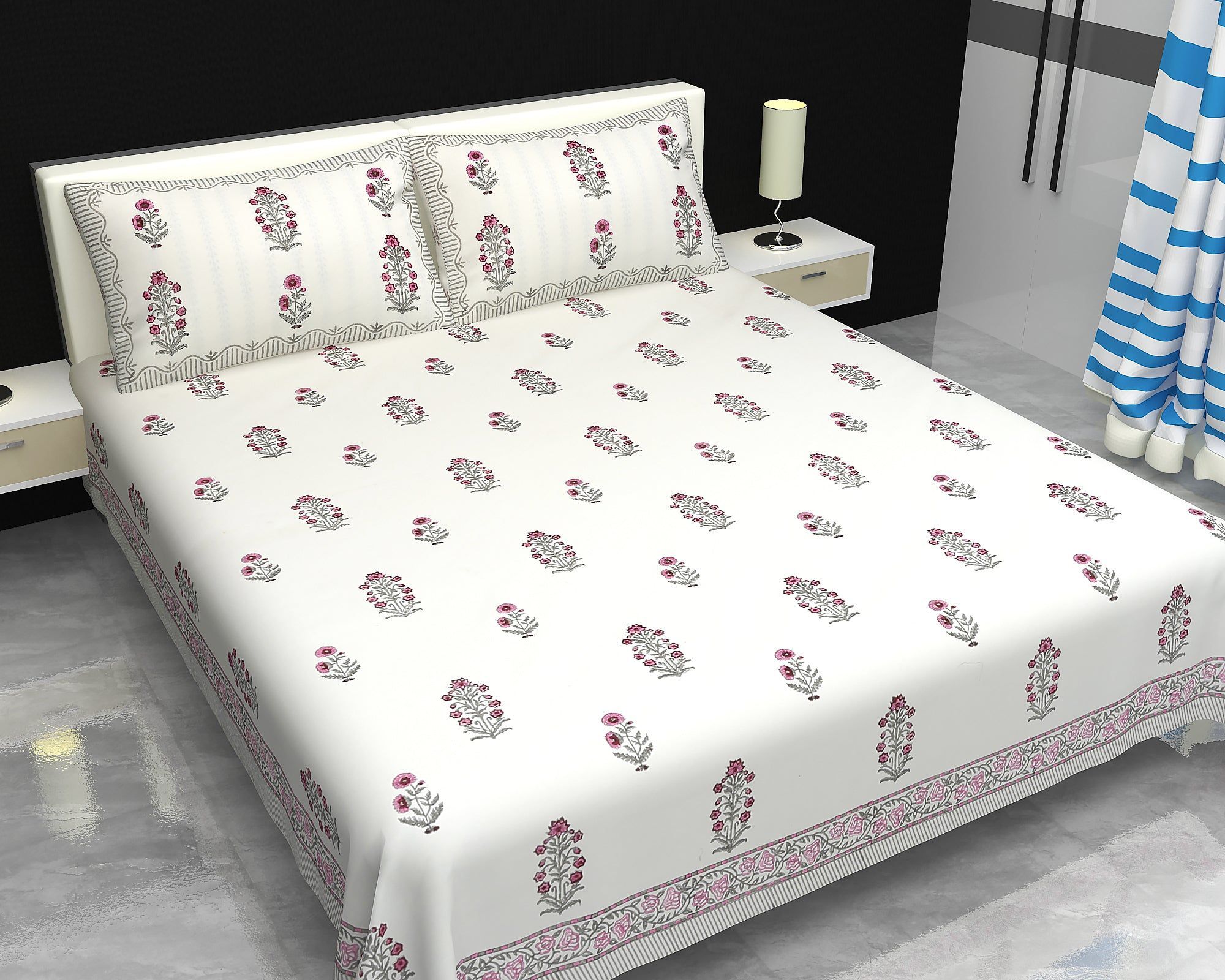 Cotton hand block printed king size bedsheet with pillow covers ( 100 x 108 inches) - Pink Grey Plant