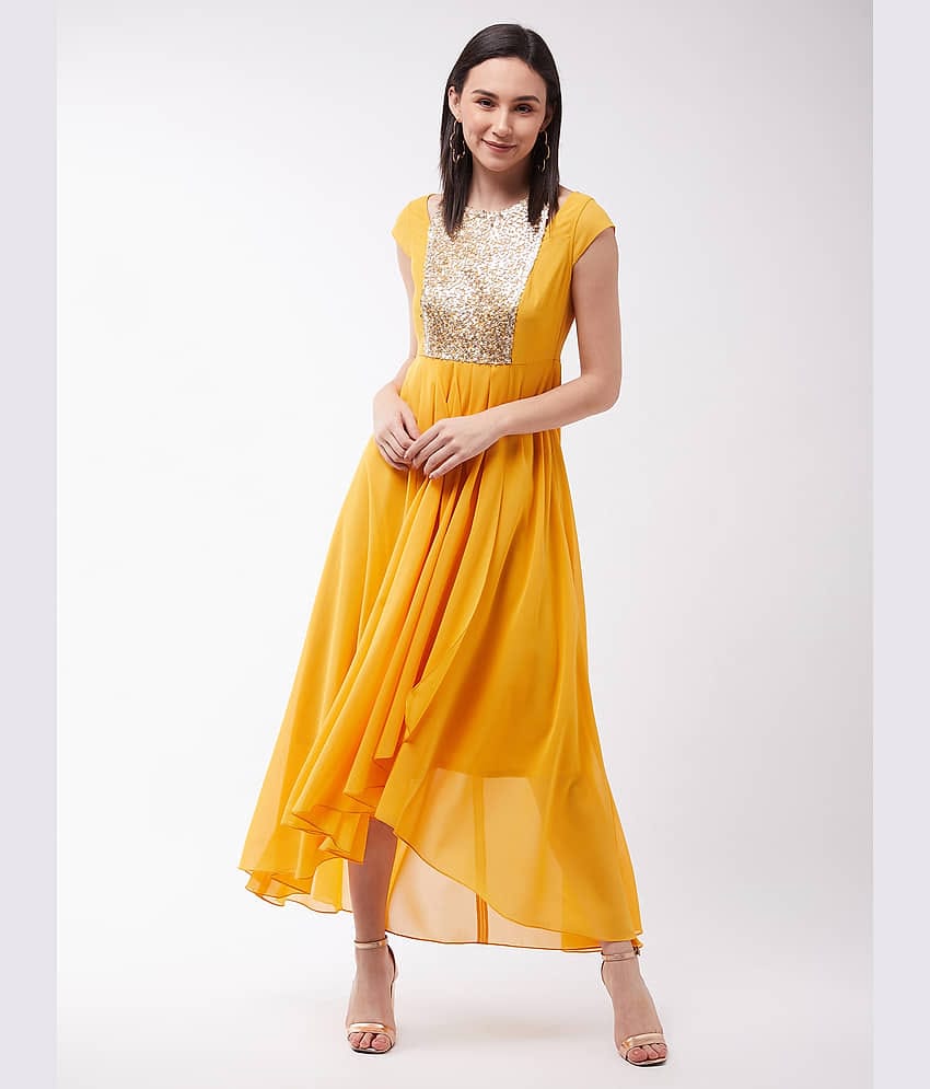 Miss Chase Women Polyester Embellished A-line Dress ( Mustard )