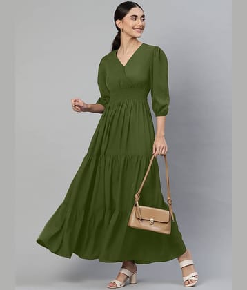 Femvy Women Crepe Solid Fit & Flare Dress ( Olive )