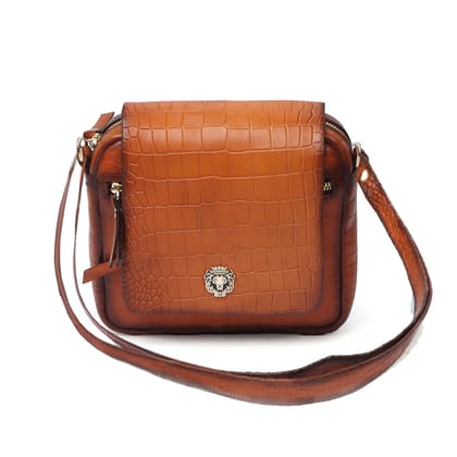 Tan Deep Cut Croco Multi Pockets Flap-Over Crossbody Bag With Metal Lion Logo By Brune & Bareskin-F.S