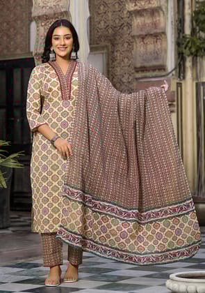 Patterned Beige and Maroon Suit With Dupatta-S