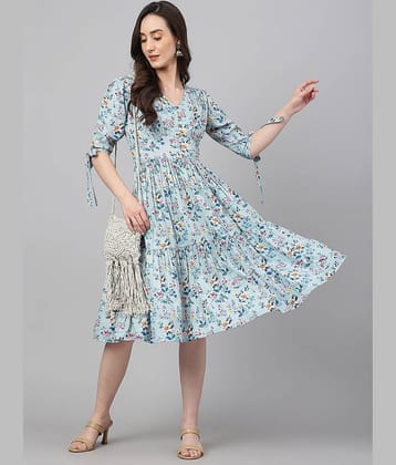 Janasya Women Crepe Printed Fit & Flare Dress ( Blue )