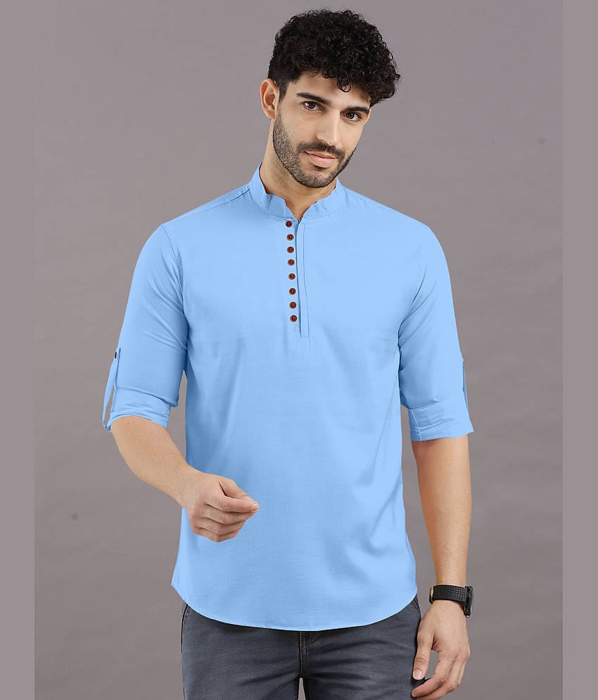 VTEXX Sky Blue Cotton Blend Men's Shirt Style Kurta ( Pack of 1 )