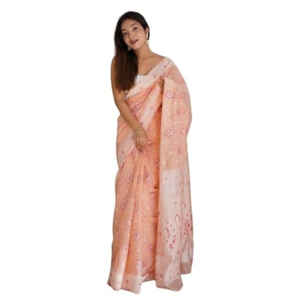 Women's Cotton Printed Saree With Unstitched Blouse 5.5Mtr (Peach)-PID60311