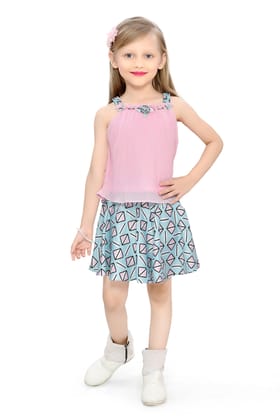 Be:Kids Enchanted Summer Pleated Pink Tank Top and Blue Printed Skater Skirt Set