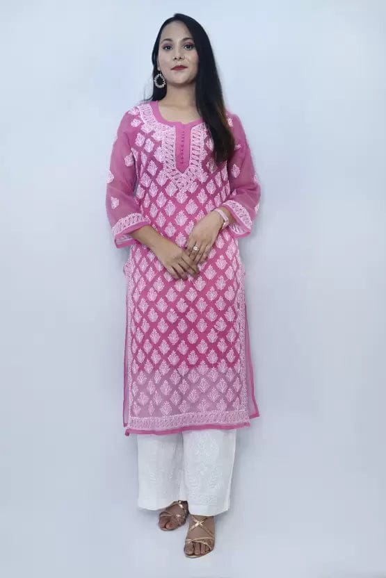 Pink Chikankari Handmade Straight Kurta-42-Large
