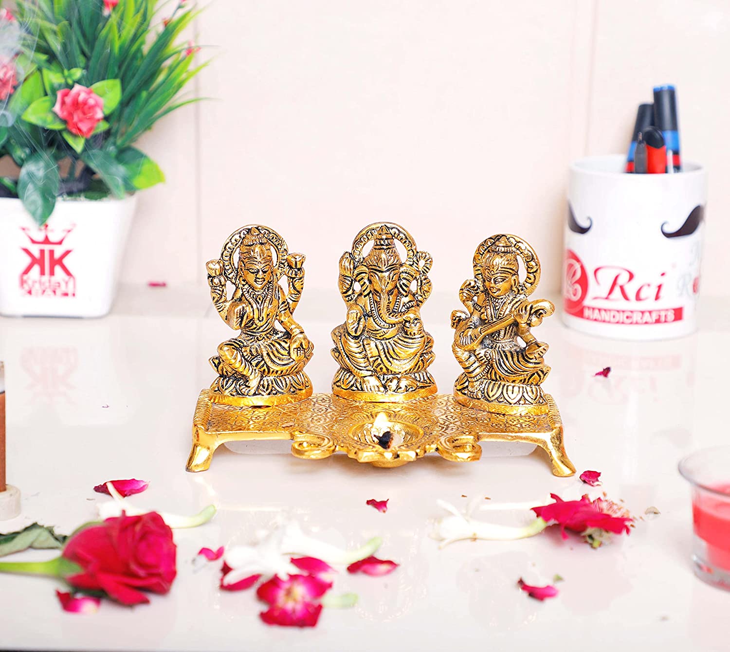 DreamKraft Laxmi Ganesh Saraswati Metal Idol Decorative Platter with Diya (Gold)