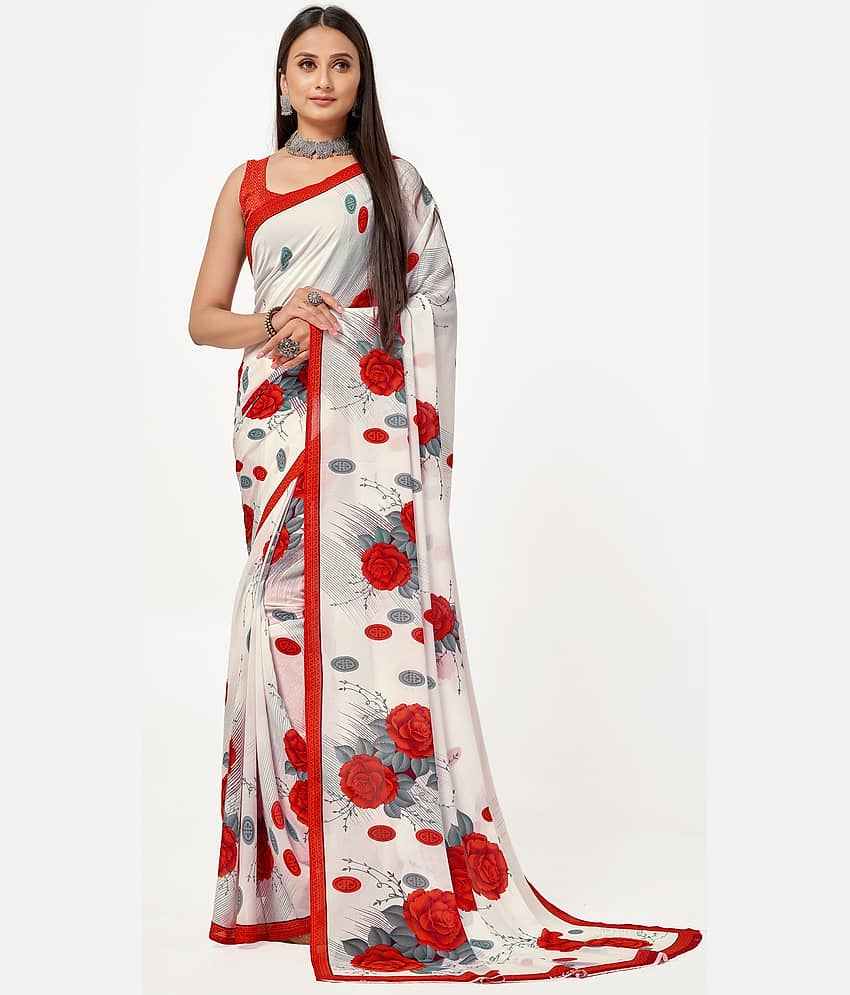 LEELAVATI Georgette Printed Saree With Unstitched Blouse Piece ( White )