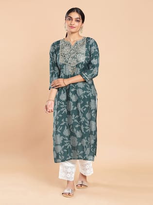 Kalyan Silks Embroidery Worked Peacock Green Printed Kurti Top