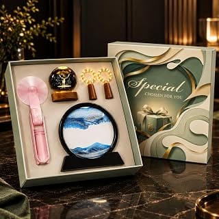 Desidiya Durga Puja & Navratri Gift Combo for Wife, Girlfriend & Sister, 5 Pcs Gift Set | LED Crystal Ball Lamp, Sand Art Lamp, USB Fan & Decor Lights | Kanjak Ashtami Gift