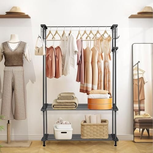 LEOPAX Cloth Rail Garment Rack With 2 Shelves&10 Side Hook With Bottom Shelf And Shoe Clothing Storage