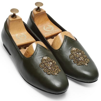 Royal Crest©️ Leather Juttis (Bottle Green)(Patent Copyright Artwork)-EU 40 / UK 6 / Bottle Green