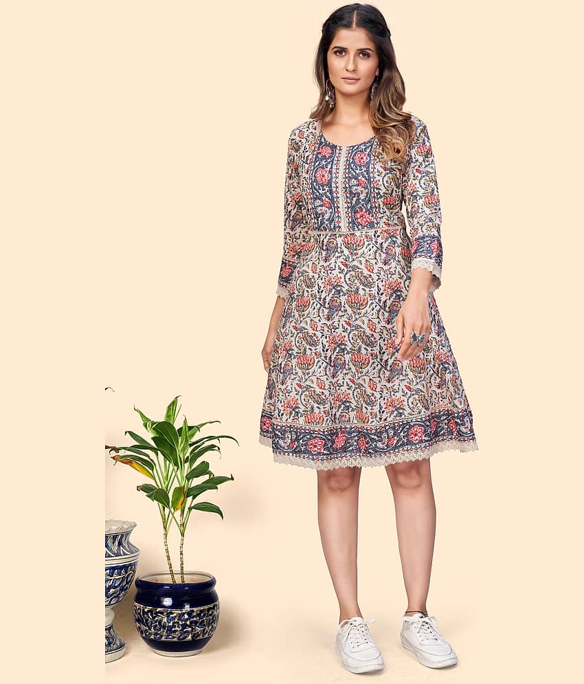 Vbuyz Women Cotton Printed A-line Dress ( Beige )