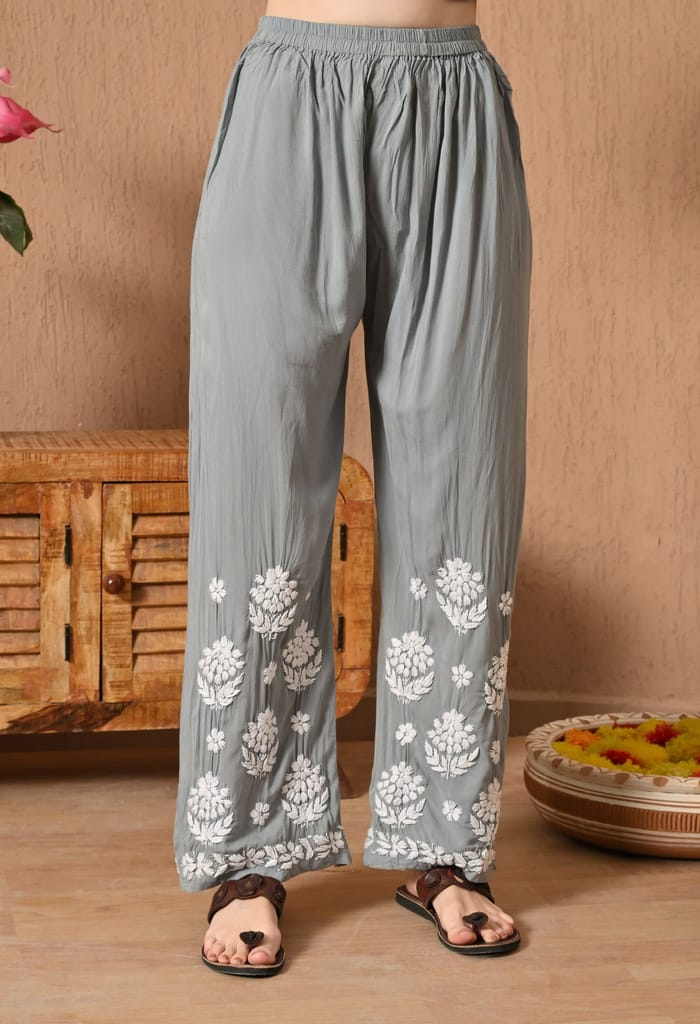 Hand Embroidered Chikankari Modal Plazo Set with 3D Floral Work – Ethnic Wear for Women