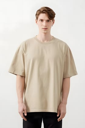 Beige Oversized Premium Cotton Solid T shirt-S