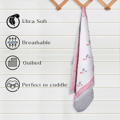 Hand Block Printed Cotton Baby Quilted blanket (Light Rajai) – Quilted, 60x40 inches (100x150 cm) Pink Grey Baby Elephant Hand Block Printed Cotton Baby Quilted blanket (Light Rajai) – Quilted, 60x40 inches (100x150 cm) Pink Grey Baby Elephant