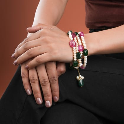 Emerald Green Ruby Red And Freshwater Pearl Bracelet