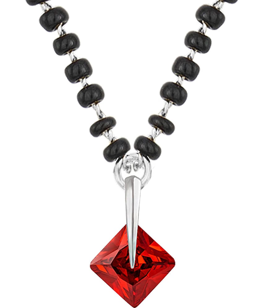 Fashionable Mangalsutra Silver Plated Cubic Zircon Red Square Solitaire Pendant and Black Beaded Chain