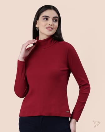 Turtle Neck Ribbed Tee - Mehandi Maroon-S / Mehandi Maroon