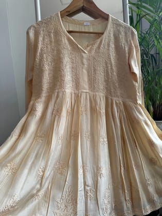 Chikankari Muslin Peplum short Top in Beige-beige / cotton / M