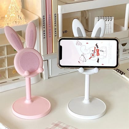 Cute Rabbit Bunny Table Desktop Phone Holder Silicone Rubber Retractable Stand-Pink