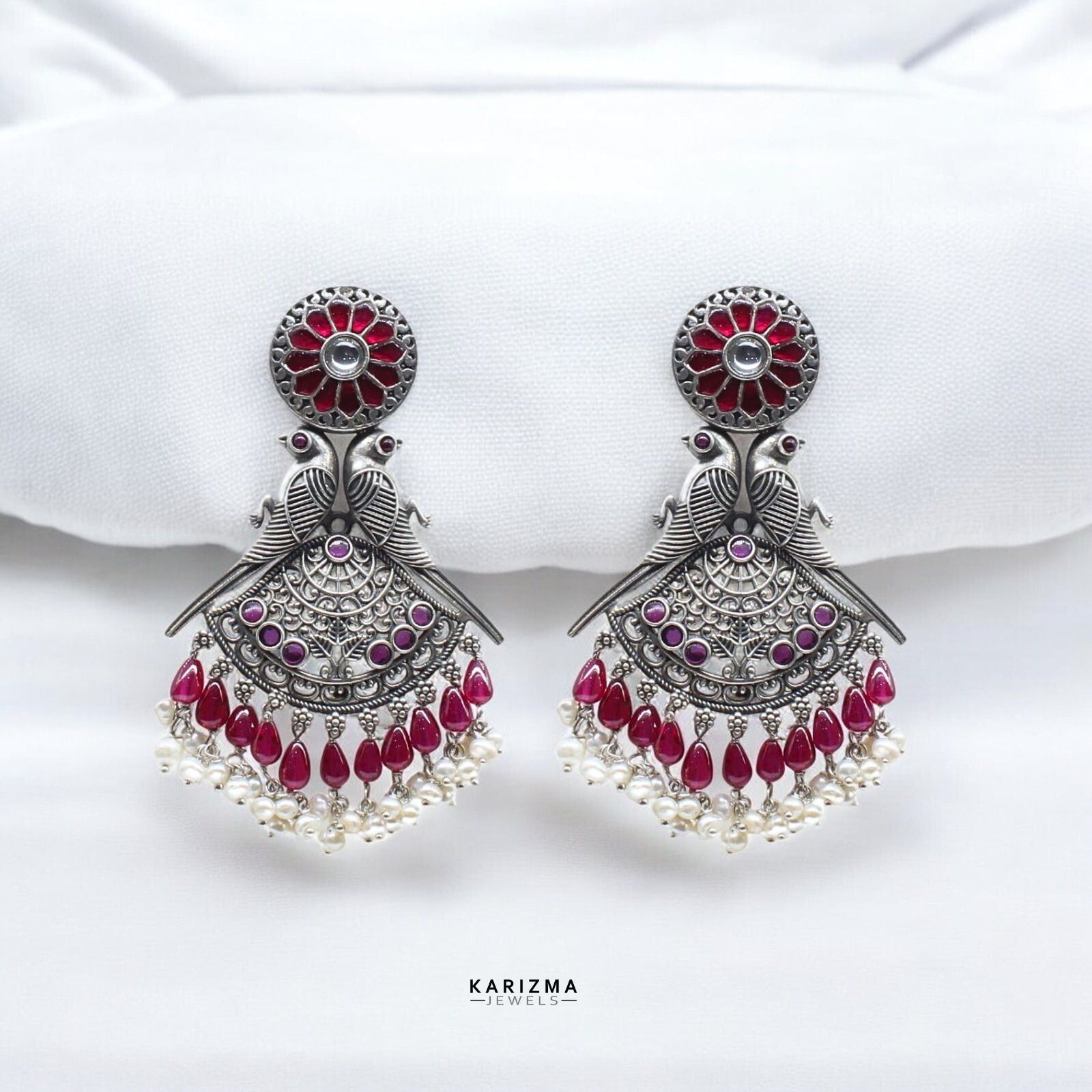 925 Sterling Silver Oxidized parrot design party wear Dangle Women pearl Earrings