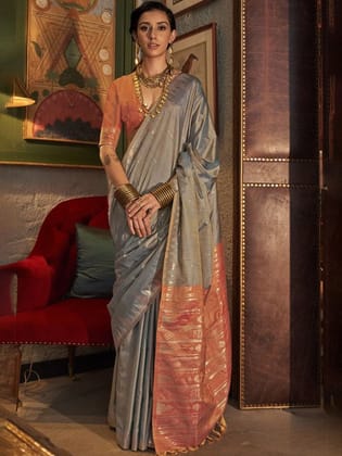 Fossil Grey Woven Tussar Silk Saree