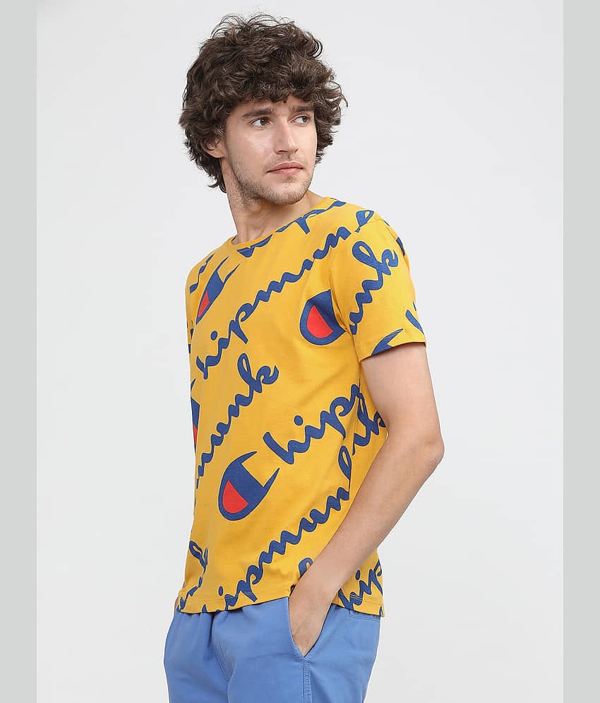 Locomotive Men 100% Cotton Slim Fit Printed T-Shirt ( Mustard )