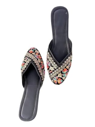 TULIP Traditional Artisians' Upliftment Livelihood Program Women's Embroidered Cross Strap Sandals, Black with Multicolor Floral Pattern, Mirror Work Detail, Slip-on Style TULIP Traditional Artisians' Upliftment Livelihood Program Women's Embroidered Cross Strap Sandals, Black with Multicolor Floral Pattern, Mirror Work Detail, Slip-on Style