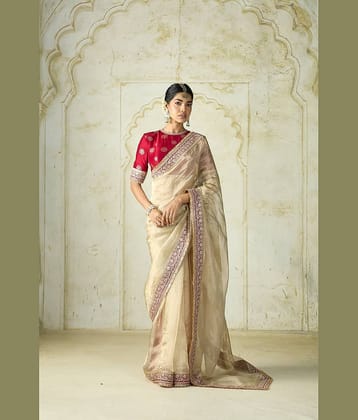 JULEE Net Embroidered Saree With Unstitched Blouse Piece ( Red )