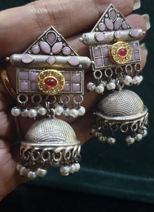 Silver Replica Jhumkas Brassbase with Handwork
