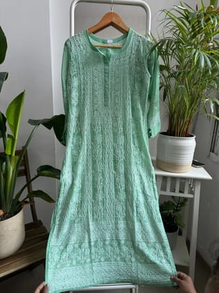 Chikankari Resham Jaal Kurti - Green-Green / Semi Georgette / S