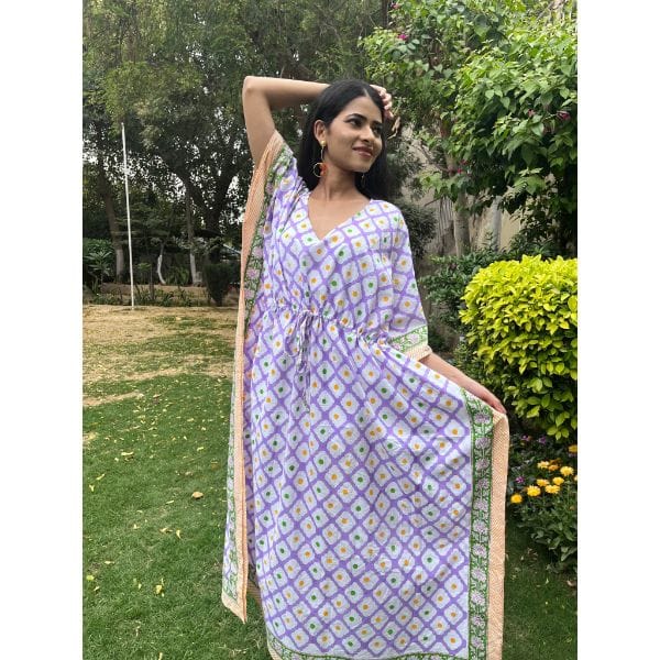 Palace Garden Polka Dots Long Kaftan Purple (52 Inch)