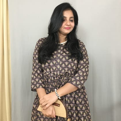 Brown Yellow Flower - Maternity Kurti with Feeding Zips - Pure Cotton-44 - 46 ( XXL - 3XL )